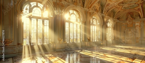 the room inside an ornate palace has big windows