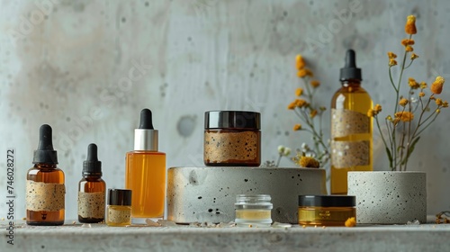 Skin care oil, natural cosmetics, and spa treatments showcased against a gray background