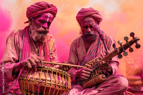 indian men playing of instruments during holi photo