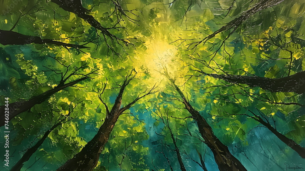 Fototapeta premium An upward view of a forest canopy with bright sunlight filtering through, painting a peaceful and vibrant scene.