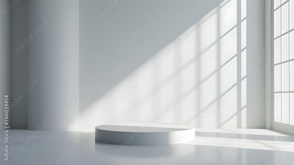 White product background or empty blank space room design and window light minimal shadow display platform stage on interior podium pedestal scene backdrop stand with studio showcase White product background or empty blank space room design and window light minimal shadow display platform stage on interior podium pedestal scene backdrop stand with studio showcase