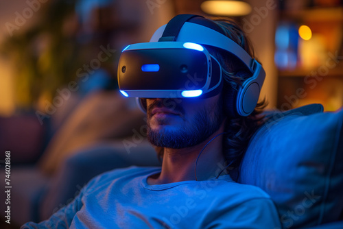 Young Man Delving into Virtual Reality Entertainment at Home, With VR Headset On, Sitting on a Comfortable Couch Amidst High-Tech Decor
