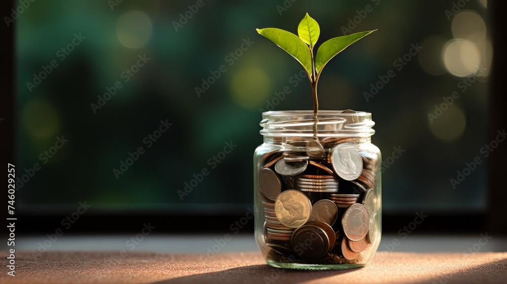 Plant growing out of a jar filled with coins. Financial investment Plant growing out of a jar filled with coins. Financial investment