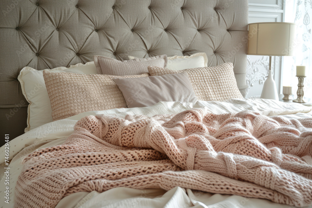 A cozy bed with soft decorative pillows and knitted blanket and bedspread. Beautiful bedroom interior close-up. Stylish interior in delicate colors of beige and pink