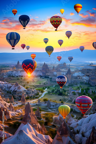 Celebrating Sunrise: A breathtaking display of Hot Air Balloons against the Dawn Sky