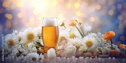 Glass of lager beer with white chrysanthemum flowers on a blue background. Spring banner layout of alcoholic drinks.