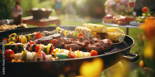 Barbecue grill with meat and vegetables in the sunny backyard of the house. Outdoor picnic.