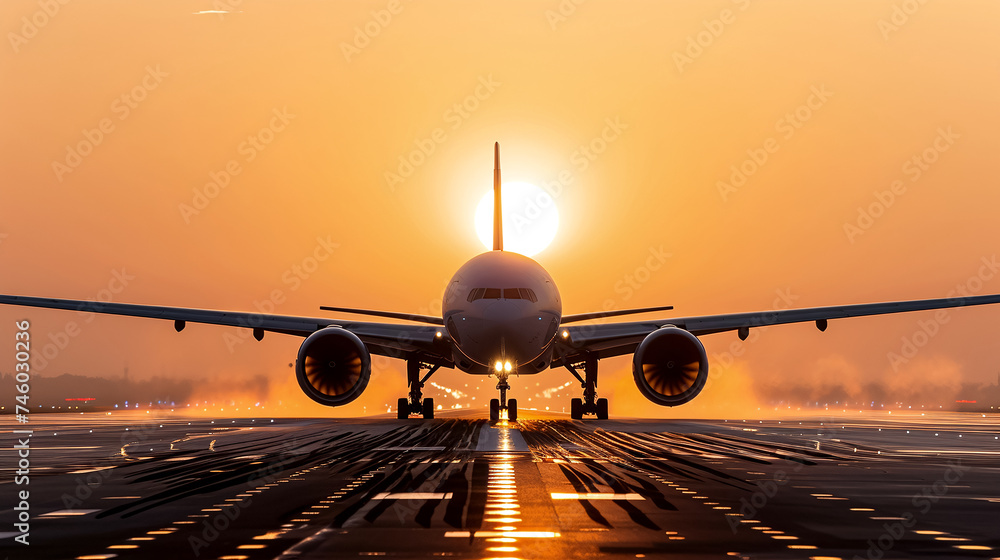 Airplane Runway Takeoff Sunset Aviation Travel Concept
