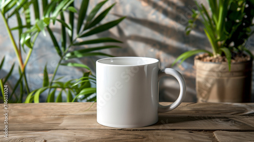 White mug on wooden table against blurred background. Mockup for design