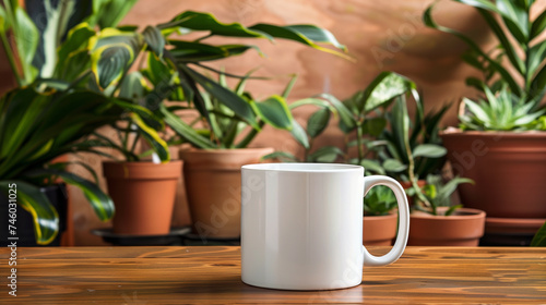 White mug on wooden table against blurred background. Mockup for design