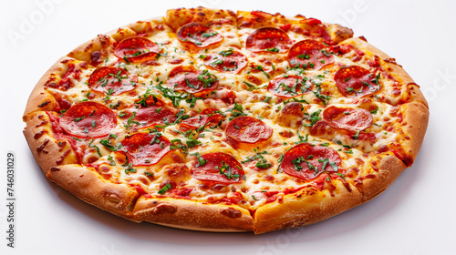 Pizza with salami and mozzarella cheese on white background