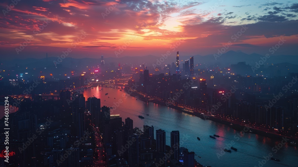 Obraz premium Riverside Radiance: Cityscape with a River in Light Red and Dark Cyan