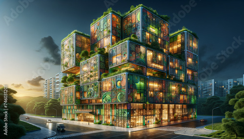 Opulent sustainable green building with vibrant maximalist background.