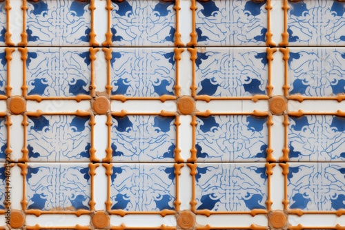 Coloured ceramic tile mosaic with white background, retro-style geometrical motifs