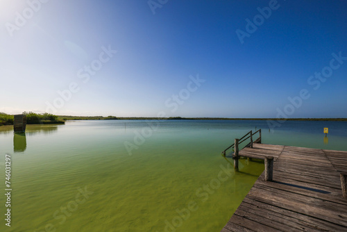 Muelle, one of Beautiful blue hole Kaan Luum lagoon in Tulum, Quintana Roo in Mexico.