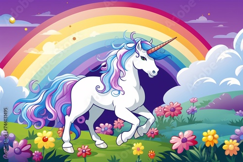 a unicorn running in a field with flowers and rainbow