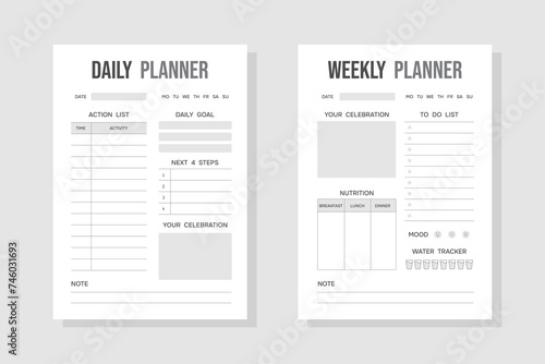 Simple modern daily and weekly personal planners. Minimalistic black and white design of organizer schedule pages with today's and week's tasks