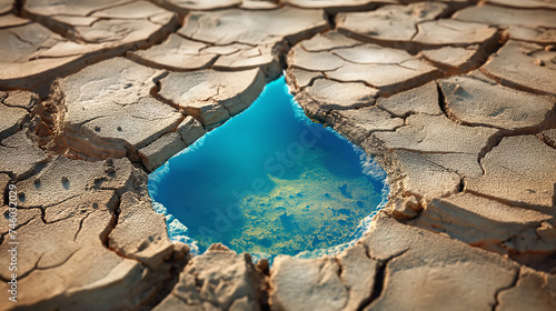 Drop shaped puddle of water in parched field with cracked soil. Drought, climate change, fresh water shortage and fertile land concept