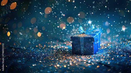 Our image captures a blue open gift box on a glittering background-an enchanting scene perfect for portraying the joy and excitement of gifting moments with a touch of elegance