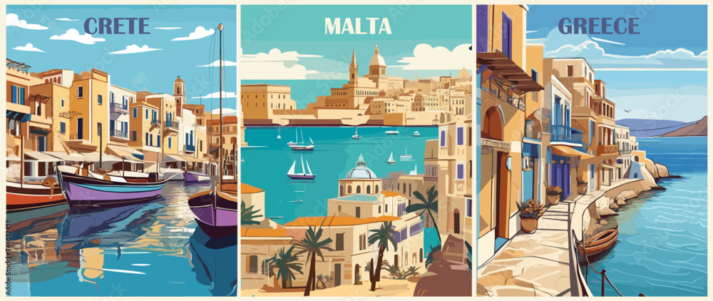 Naklejka premium Set of Travel Destination Posters in retro style. Crete, Rethymno, Greece, Valetta, Malta prints. European summer vacation, holidays concept. Vintage vector colorful illustrations.