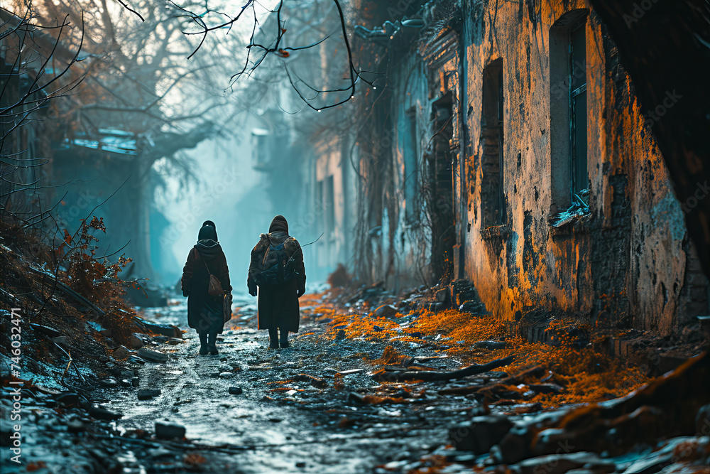 Refugees on the background of destroyed and abandoned town street. Refugees on the background of destroyed and abandoned town street.