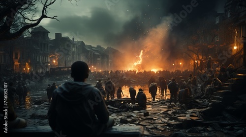 Refugees on the background of destroyed city on fire.