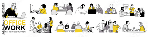 Set of illustrations of different men and women working in office. Inclusive Business concept. Modern vector simple outline style drawings for graphic and web design on transparent background.