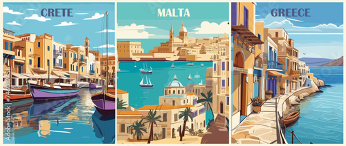 Set of Travel Destination Posters in retro style. Crete, Rethymno, Greece, Valetta, Malta prints. European summer vacation, holidays concept. Vintage vector colorful illustrations. photo