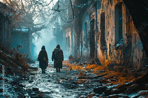 Refugees on the background of destroyed and abandoned town street. © tynza