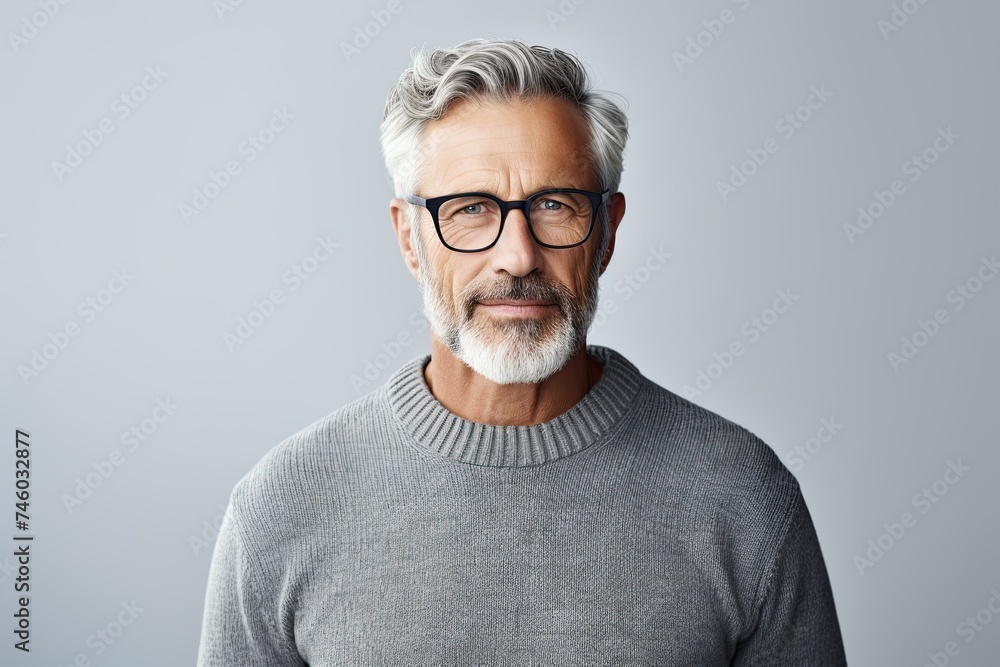 Obraz premium Senior man in grey knitted sweater, space for text