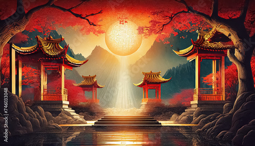 Fantasy background with mysterious ancient Chinese temple in mountains.