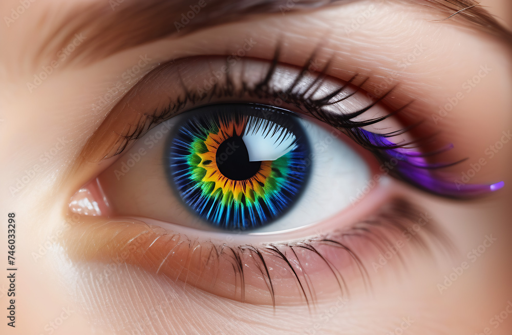 Close up view of woman eye. Rainbow colors pupil. - obrazy, fototapety, plakaty 