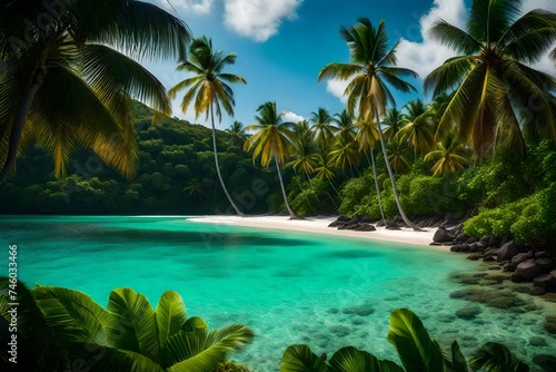 a picture of a remote  untouched tropical island with a pristine white sandy beach