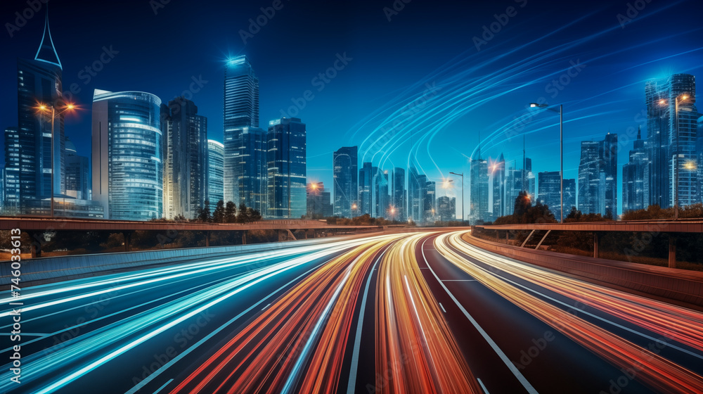 Fast motion speed car light trails on night city road. Night megapolis highway lights on cityscape background. Fast motion speed car light trails on night city road. Night megapolis highway lights on cityscape background.
