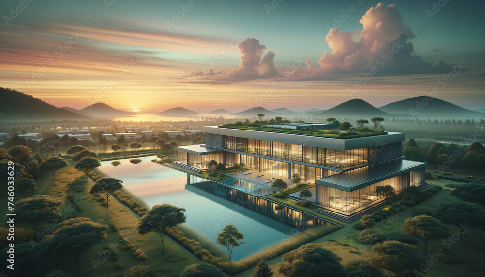 Fototapeta premium Tranquil sunrise with modern sustainable building in serene natural landscape