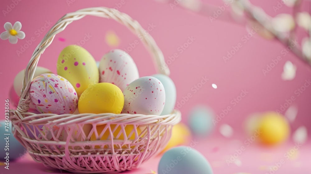 Naklejka premium Easter decoration colorful eggs in basket on pink background with copy space. Beautiful colorful easter eggs. Happy Easter. Isolated.