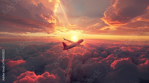 Our breathtaking image features an airplane flying above the clouds during sunset-crafted in 3D to elevate your travel concepts and evoke the thrill of an airborne adventure