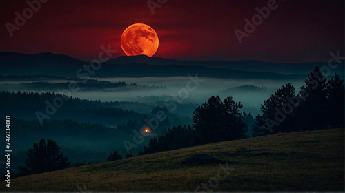 Mysterious Foggy Landscape under Blood Moon
