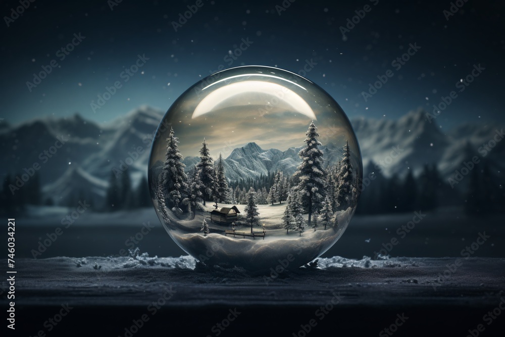 a snow globe with trees and a house in the background a snow globe with trees and a house in the background
