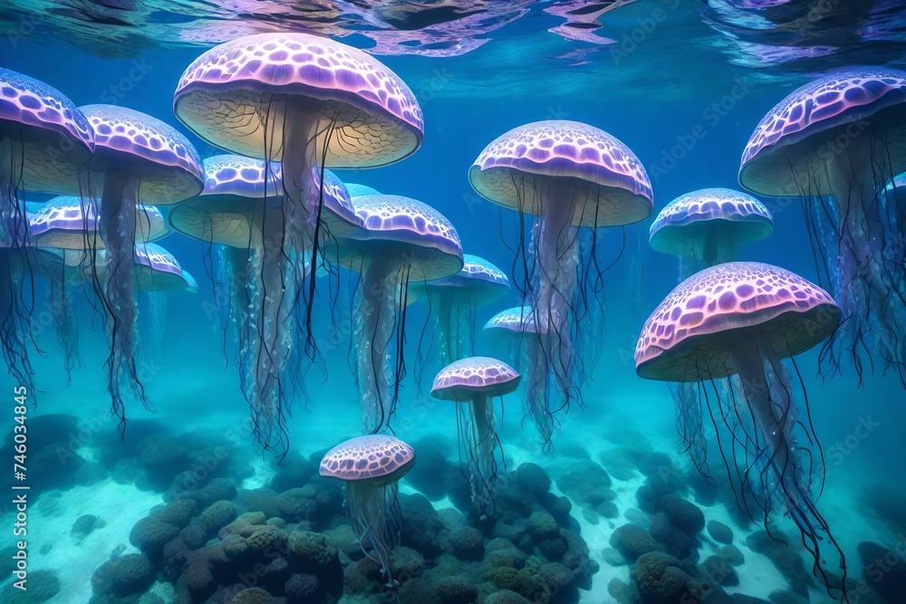 underwater scene featuring a school of bioluminescent j