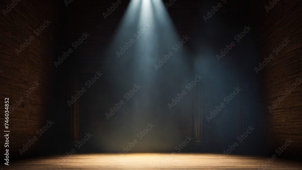 Obraz premium Spotlight on stage with wooden wall and floor. Mysterious suspenseful atmosphere