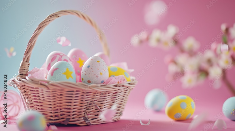 Naklejka premium Easter decoration colorful eggs in basket on pink background with copy space. Beautiful colorful easter eggs. Happy Easter. Isolated.