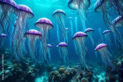 underwater scene featuring a school of bioluminescent j