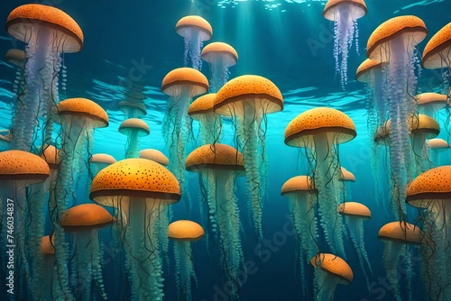 underwater scene featuring a school of bioluminescent j