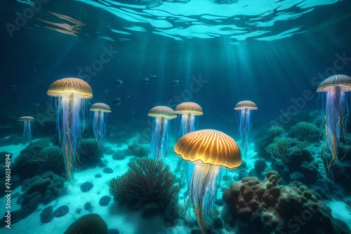 underwater scene featuring a school of bioluminescent j