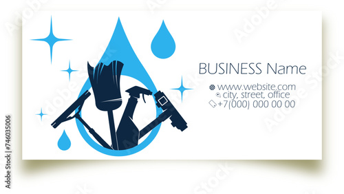 Business card for cleaning concept with water drop and tool