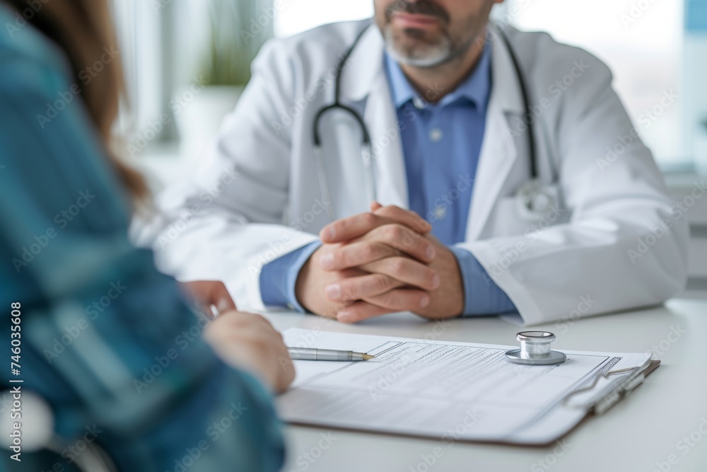 Doctor in a white coat consulting with a patient, focus on clasped hands and medical paperwork on the desk Doctor in a white coat consulting with a patient, focus on clasped hands and medical paperwork on the desk