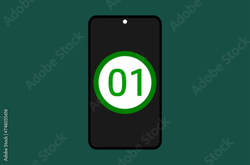 A phone screen showing number one within a circle isolated on a greenish background 