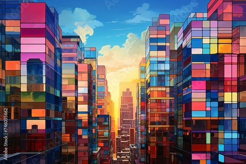 a colorful city buildings with blue sky and clouds