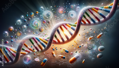 Dynamic Pharmacogenomics: DNA helix interacts with targeted medications in a futuristic composition.